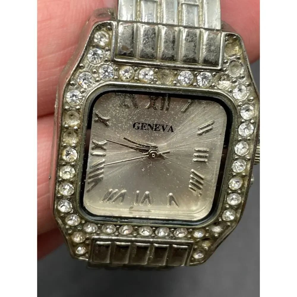 Geneva Classy Rhinestones Bezel Silver Tone Cuff Band Wristwatch Water Resistant